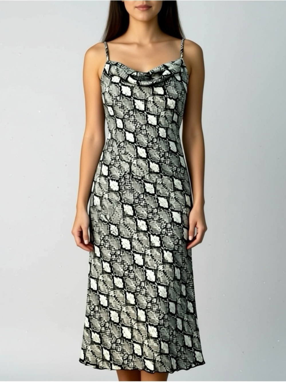 Bebe Slip Dress Size Small Satin Cowl Drape Neckline Midi Y2K Snake Print USA